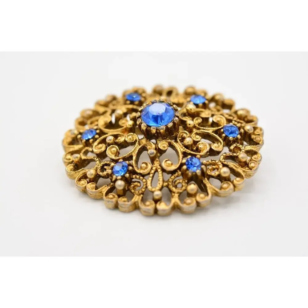 JJ Vintage Pin Brooch Blue Rhinestone Crystal Antiqued Gold Signed 1980s Bin7